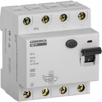 Выключатель дифференциальный (УЗО) IEK ВД1-63 4Р 63А 30мА GENERICA - MDV15-4-063-030 Выключатель дифференциальный (УЗО) IEK ВД1-63 4Р 63А 30мА GENERICA - MDV15-4-063-030